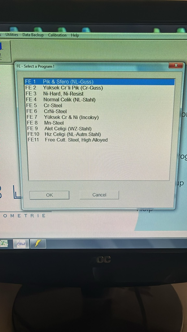 OBLF RS 1000 cihaz ekranında yüklü FE1-FE11 analiz programları